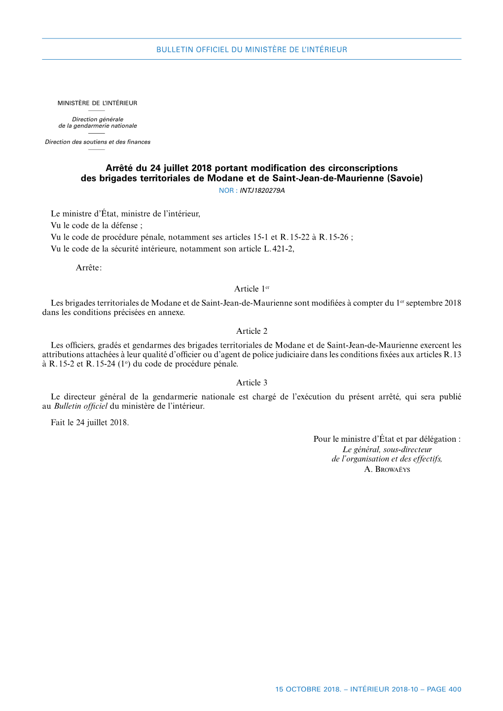 Arrêté Du 24 Juillet 2018 Portant Modification Des Circonscriptions Des Brigades Territoriales De Modane Et De Saint-Jean-D