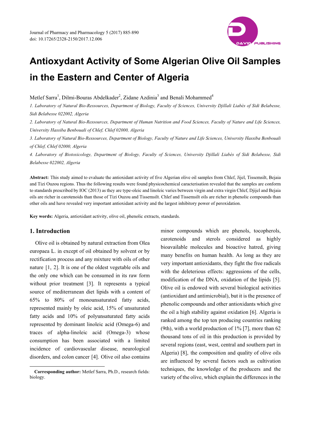 Antioxydant Activity of Some Algerian Olive Oil Samples in the Eastern and Center of Algeria