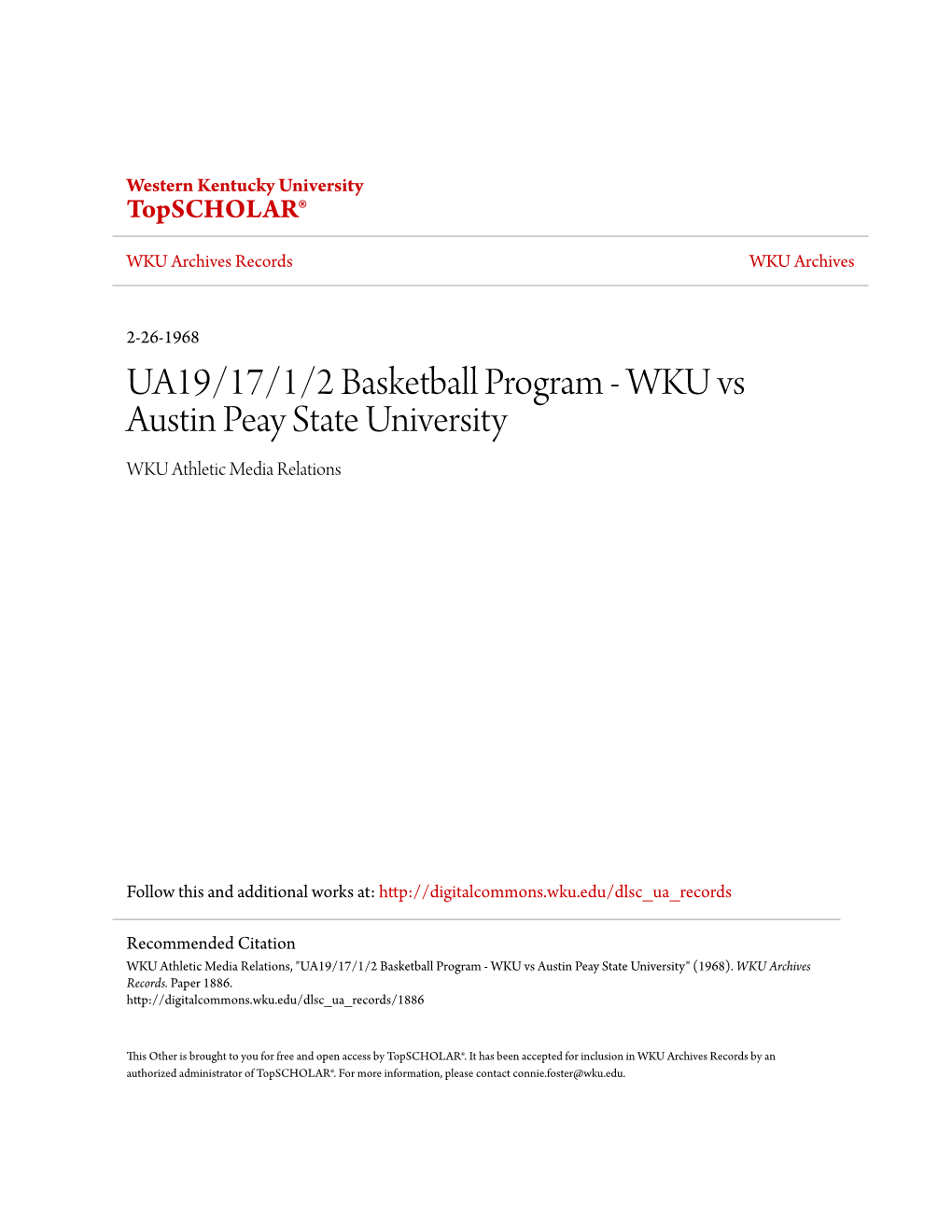 UA19/17/1/2 Basketball Program - WKU Vs Austin Peay State University WKU Athletic Media Relations
