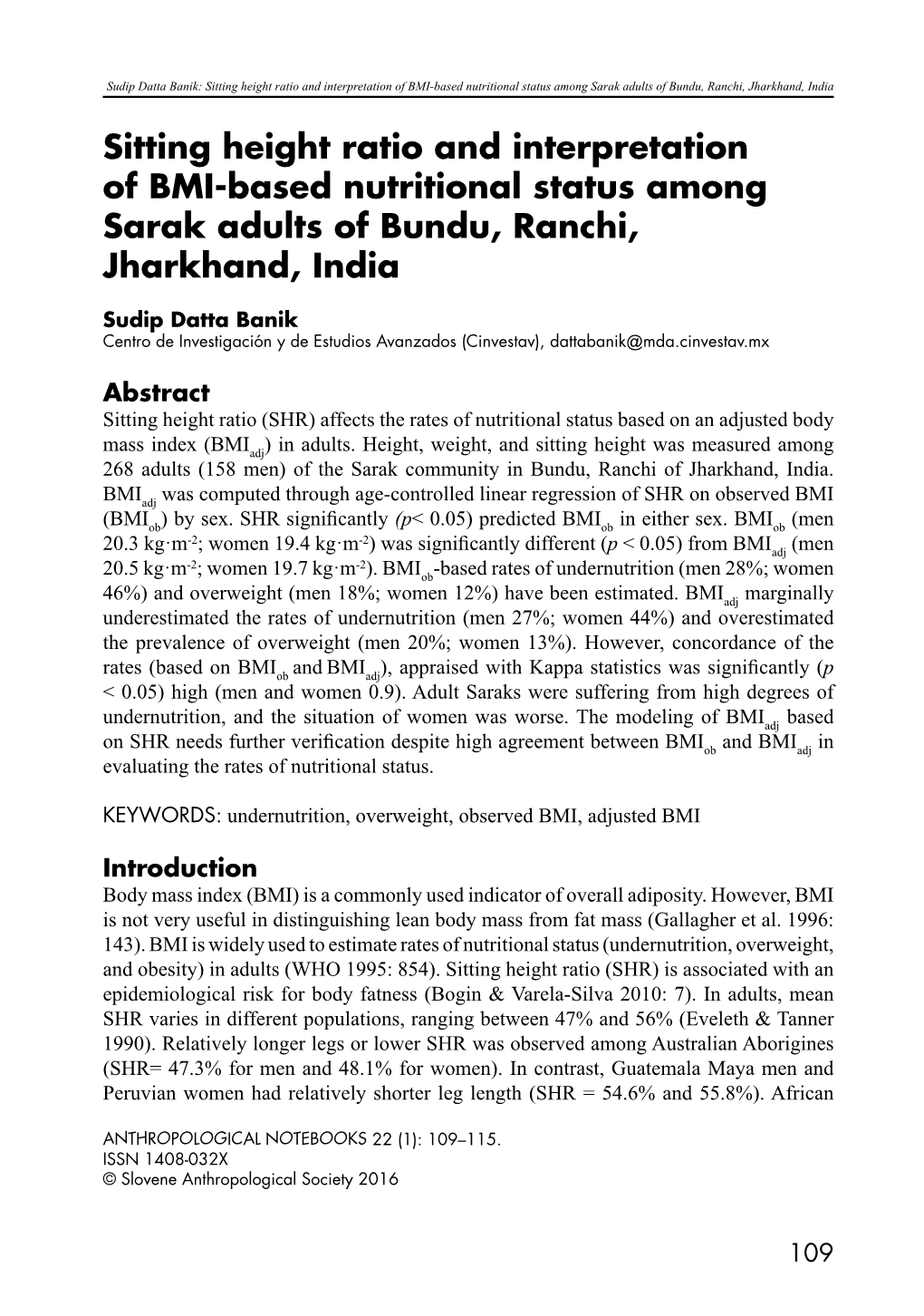 Sitting Height Ratio and Interpretation of BMI-Based Nutritional Status Among Sarak Adults of Bundu, Ranchi, Jharkhand, India