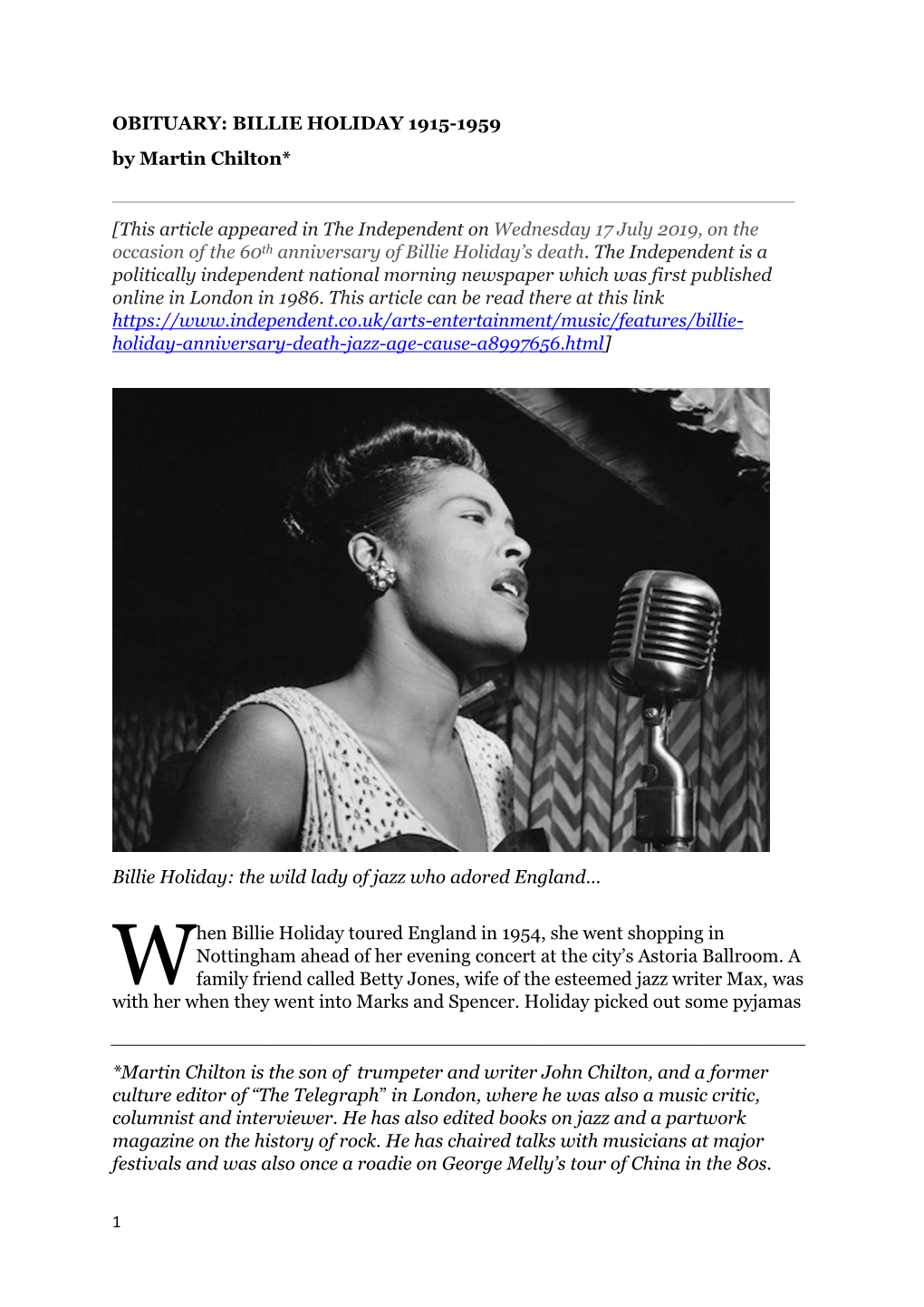 BILLIE HOLIDAY 1915-1959 by Martin Chilton