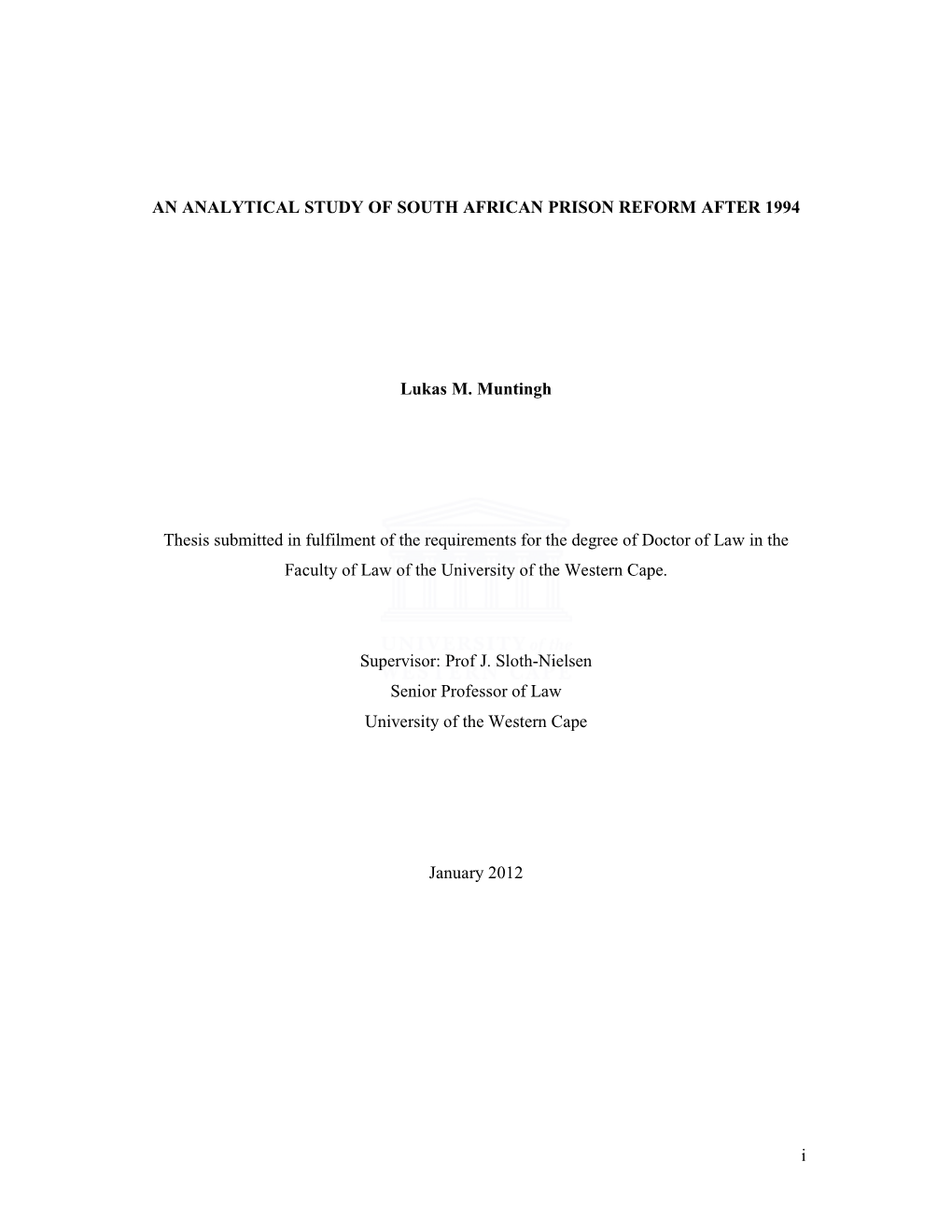 An Analytical Study of South African Prison Reform After 1994