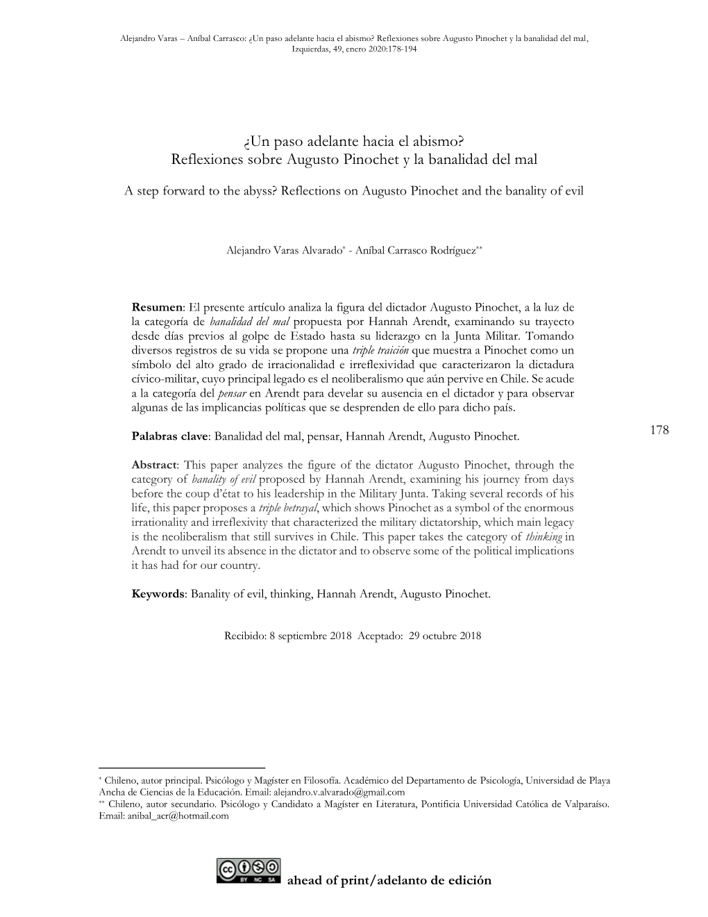 Reflexiones Sobre Augusto Pinochet Y La Banalidad Del Mal, Izquierdas, 49, Enero 2020:178-194