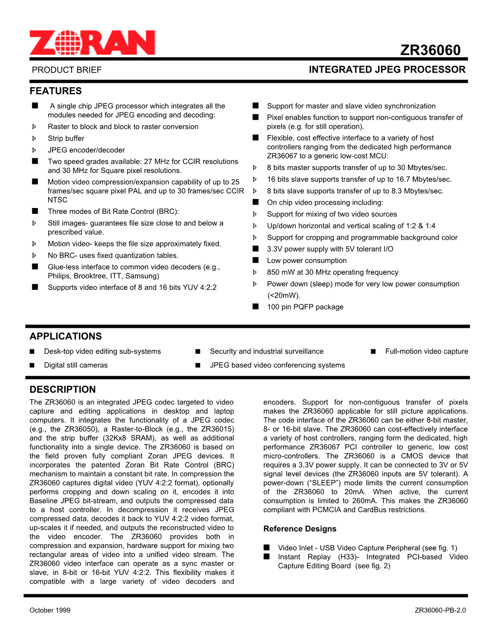 Zr36060 Product Brief Integrated Jpeg Processor