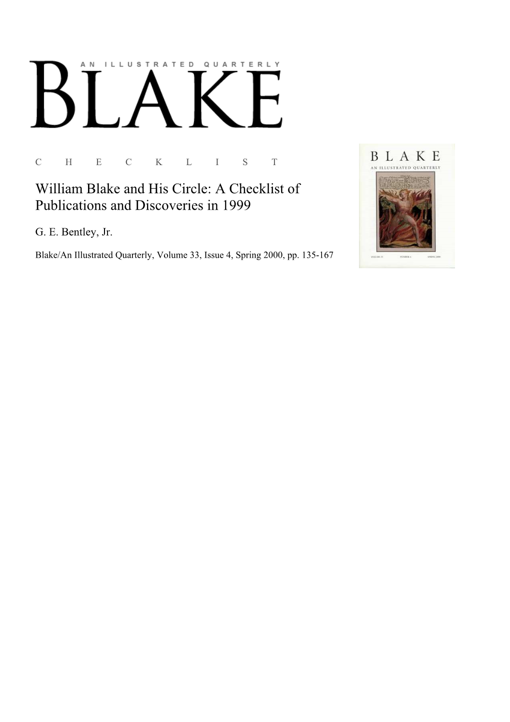 Article in the Current Quarterly Review Which William Benbow, and the Context of Regency Radicalism." Takes Blake's "When the Stars Threw Down Their Spears" from Pp