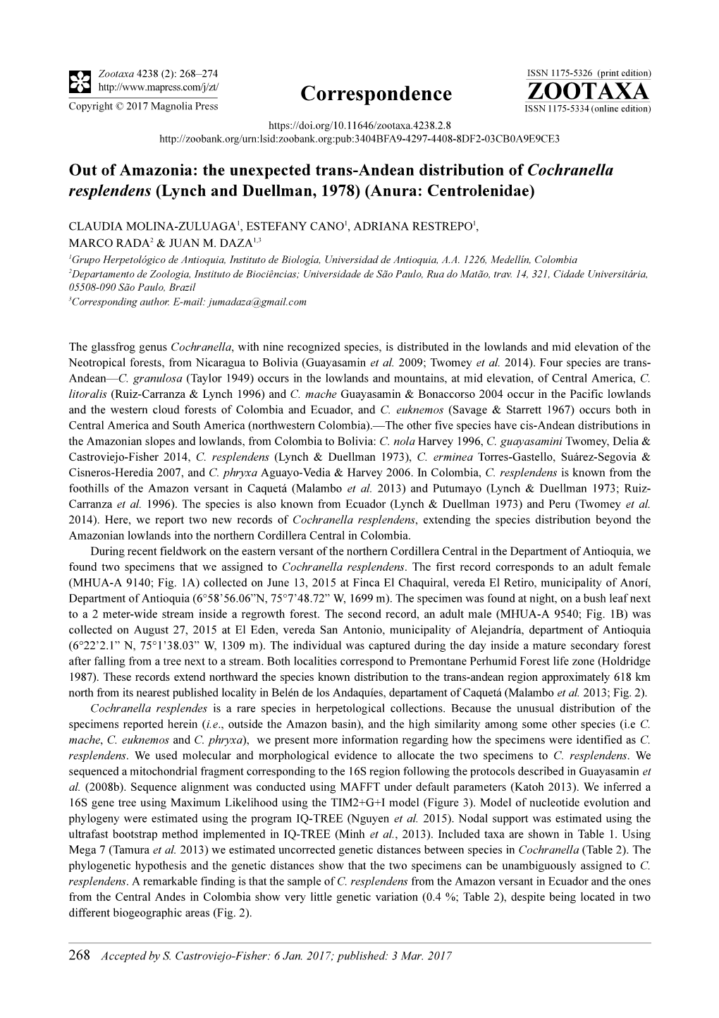 The Unexpected Trans-Andean Distribution of Cochranella Resplendens (Lynch and Duellman, 1978) (Anura: Centrolenidae)