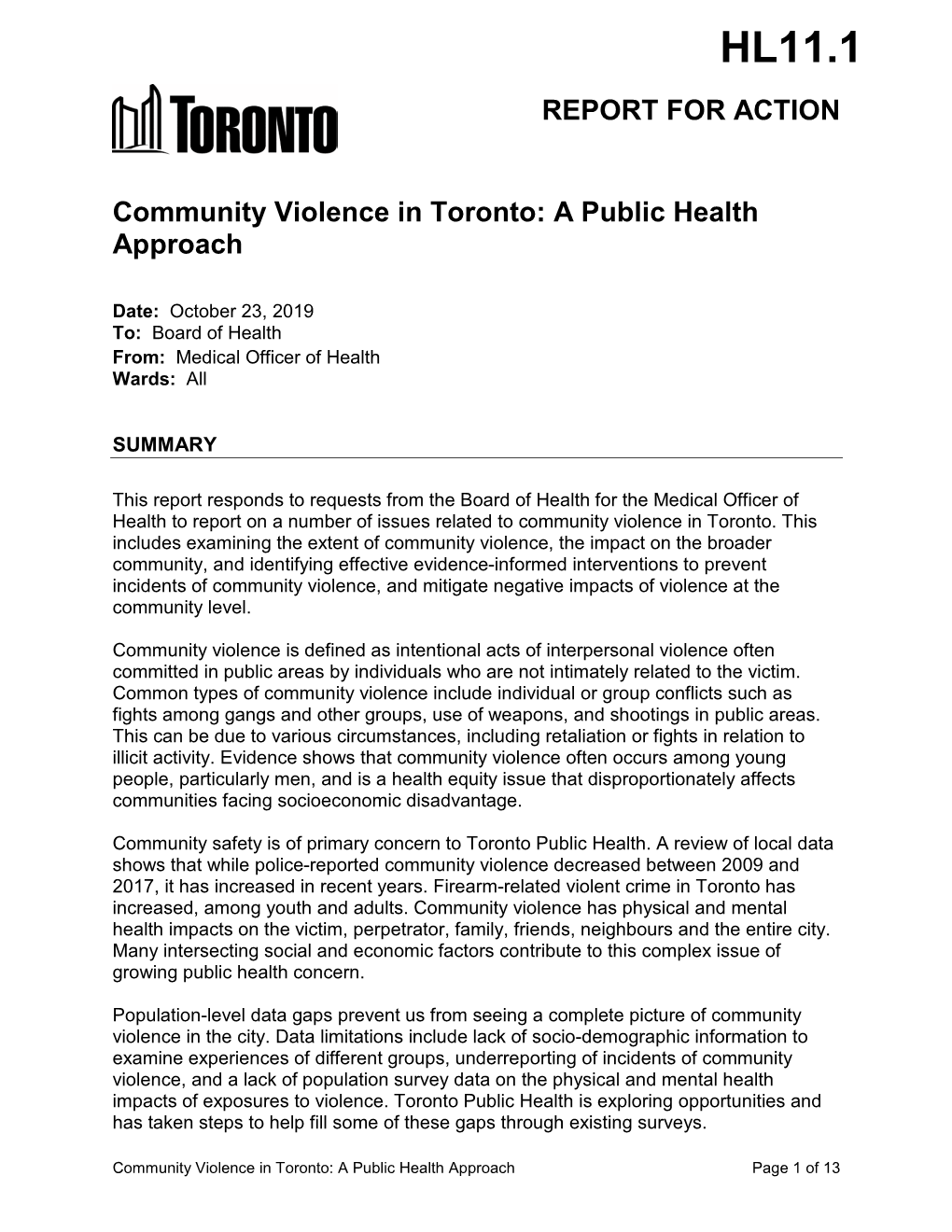 Community Violence in Toronto: a Public Health Approach