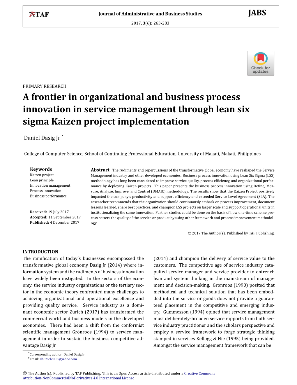 A Frontier in Organizational and Business Process Innovation in Service Management Through Lean Six Sigma Kaizen Project Implementation