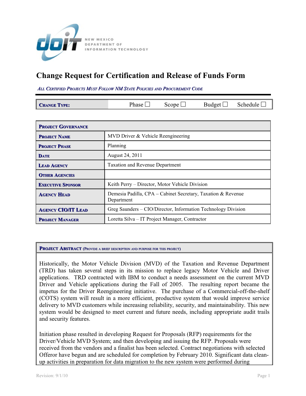 Change Request for Certification and Release of Funds Form s1