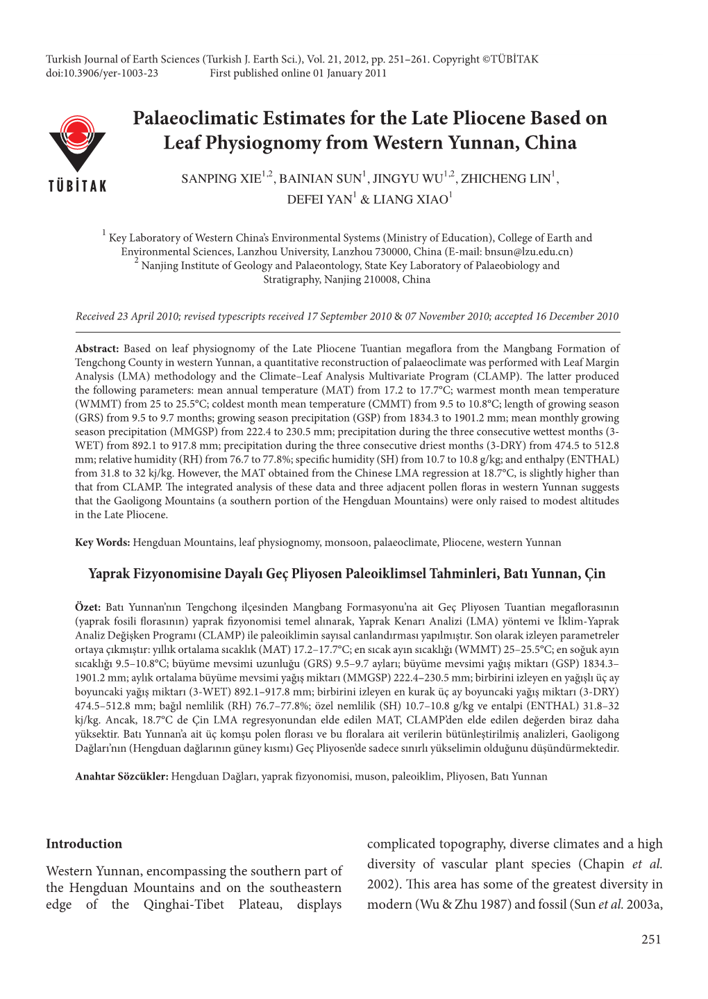 Palaeoclimatic Estimates for the Late Pliocene Based on Leaf Physiognomy from Western Yunnan, China