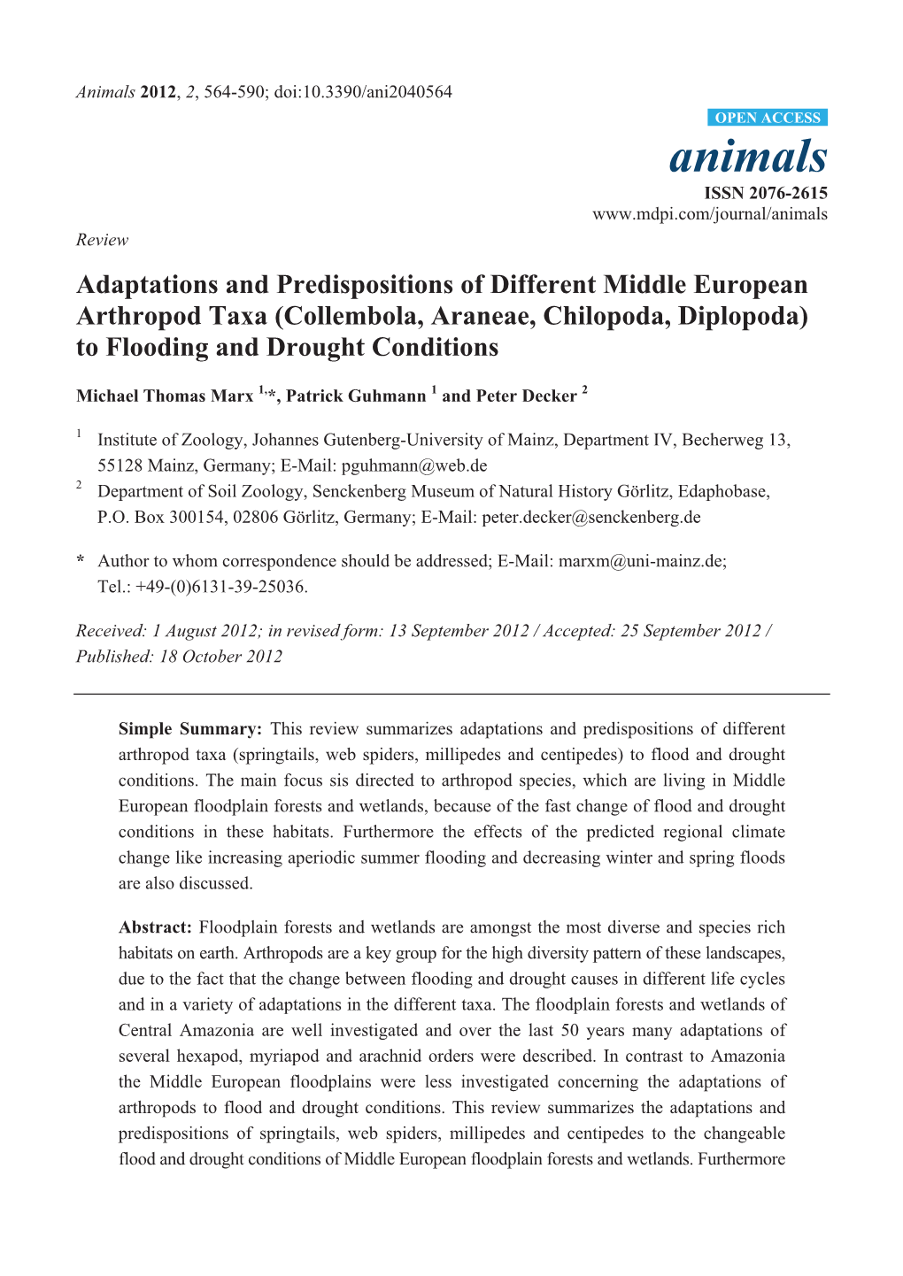 Collembola, Araneae, Chilopoda, Diplopoda) to Flooding and Drought Conditions