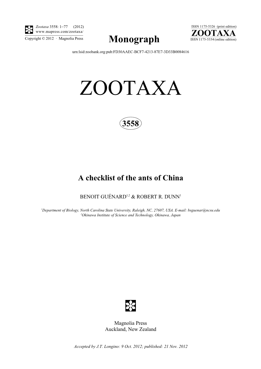 A Checklist of the Ants of China