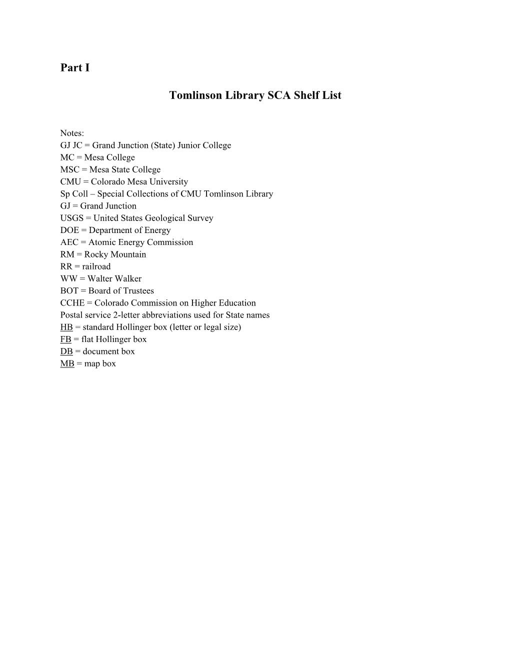 Part I Tomlinson Library SCA Shelf List