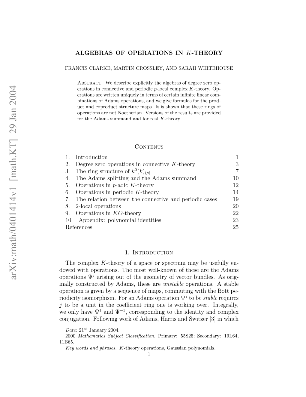 [Math.KT] 29 Jan 2004 Eol Aeψ Have Only We J Ojgto.Floigwr Faas Arsadsizr[]I Which in [3] Switzer and Harris Adams, of Work Following Conjugation