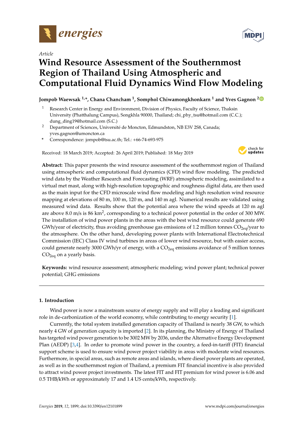 Wind Resource Assessment of the Southernmost Region of Thailand Using Atmospheric and Computational Fluid Dynamics Wind Flow Modeling