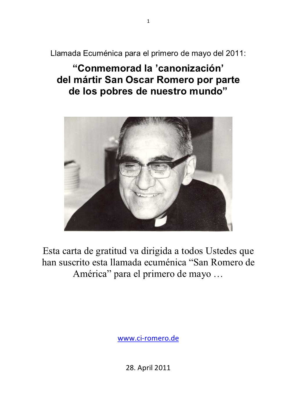 San Oscar Romero Por Parte De Los Pobres De Nuestro Mundo”