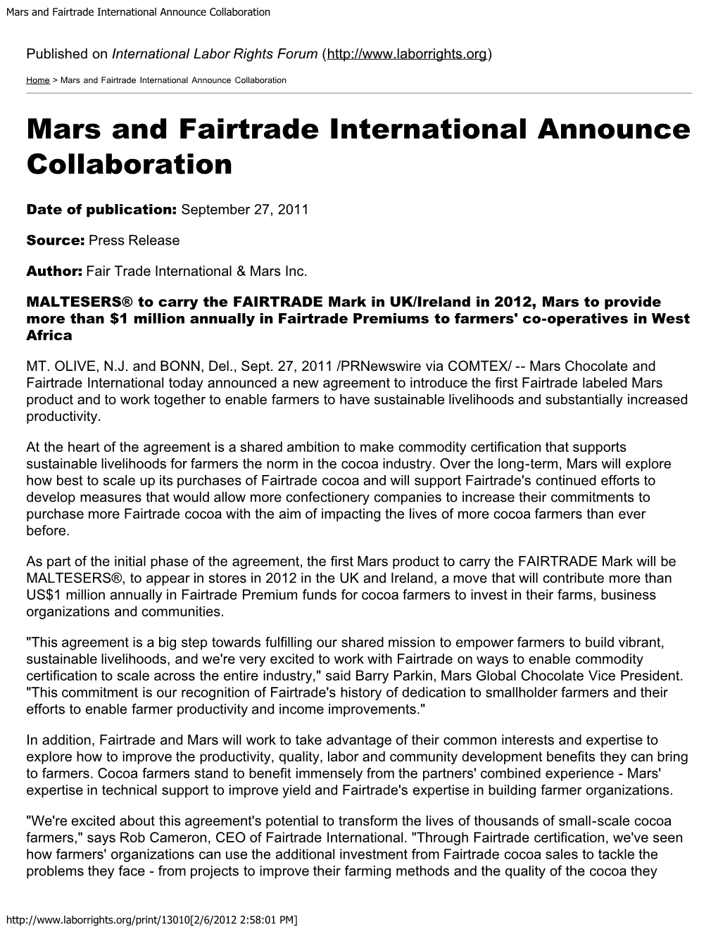 Mars and Fairtrade International Announce Collaboration