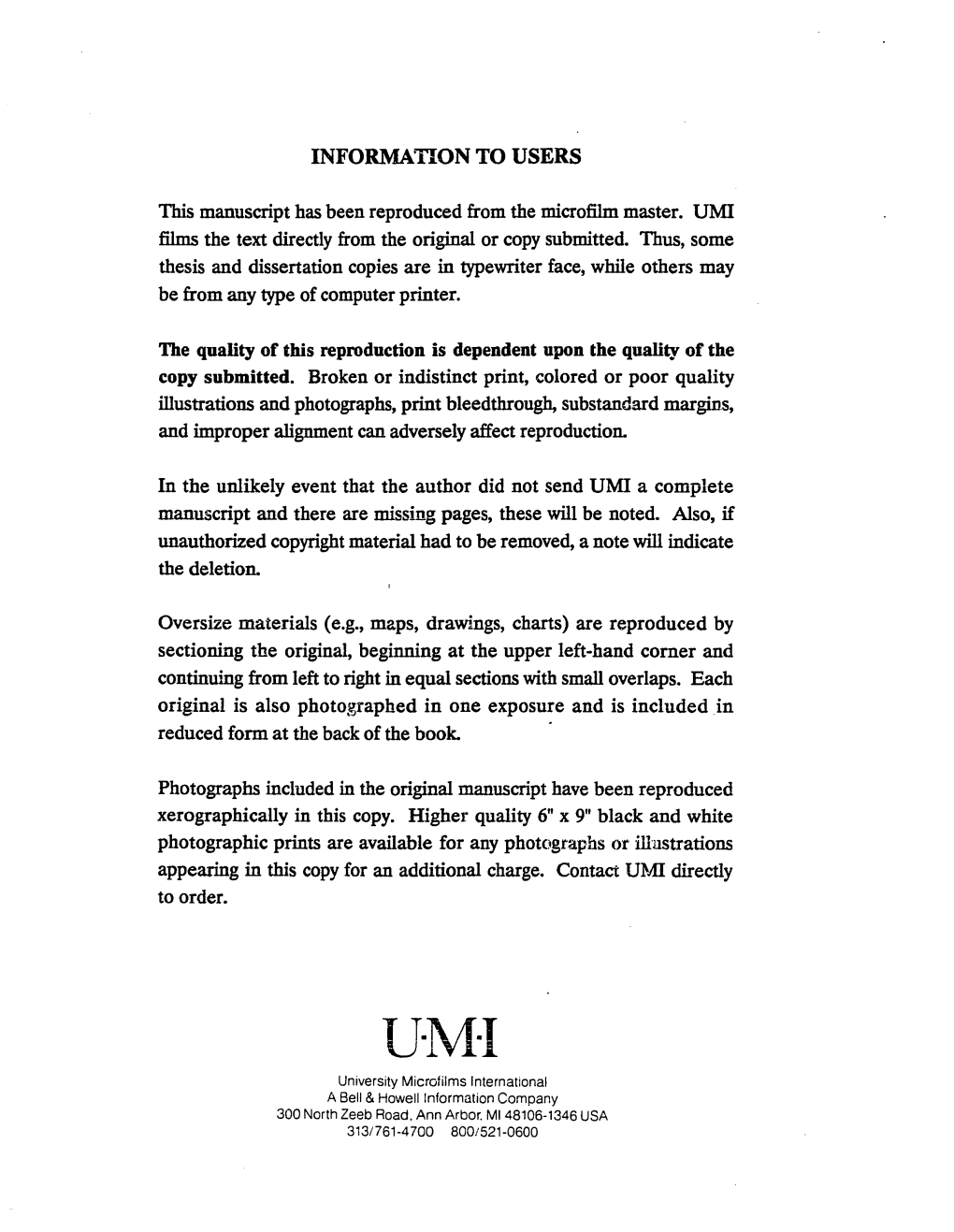 U·M·I University Microfilms International a Bell & Howell Information Company 300 North Zeeb Road