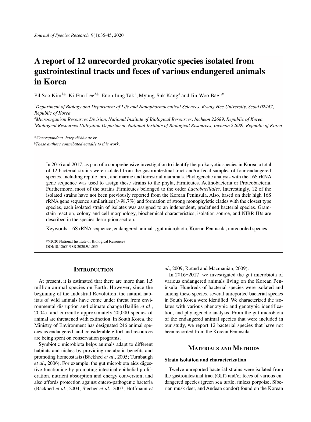 A Report of 12 Unrecorded Prokaryotic Species Isolated from Gastrointestinal Tracts and Feces of Various Endangered Animals in Korea