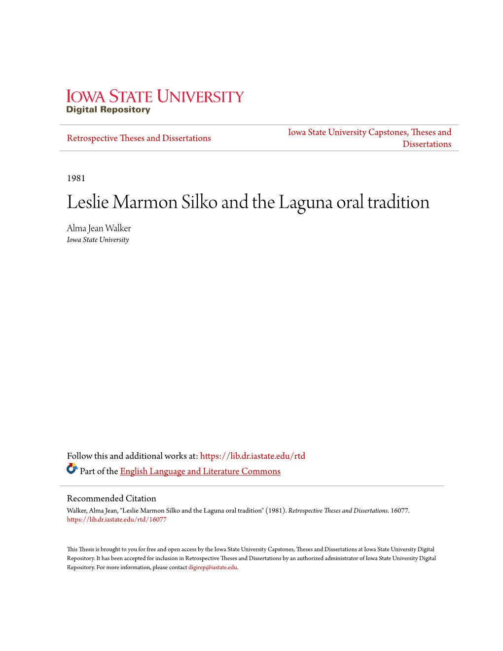 Leslie Marmon Silko and the Laguna Oral Tradition Alma Jean Walker Iowa State University