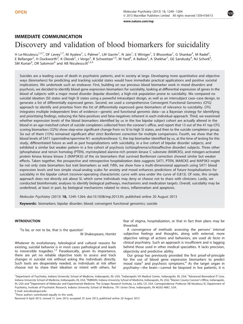 Discovery and Validation of Blood Biomarkers for Suicidality