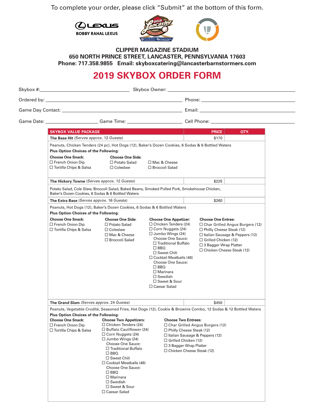 2019 Skybox Order Form