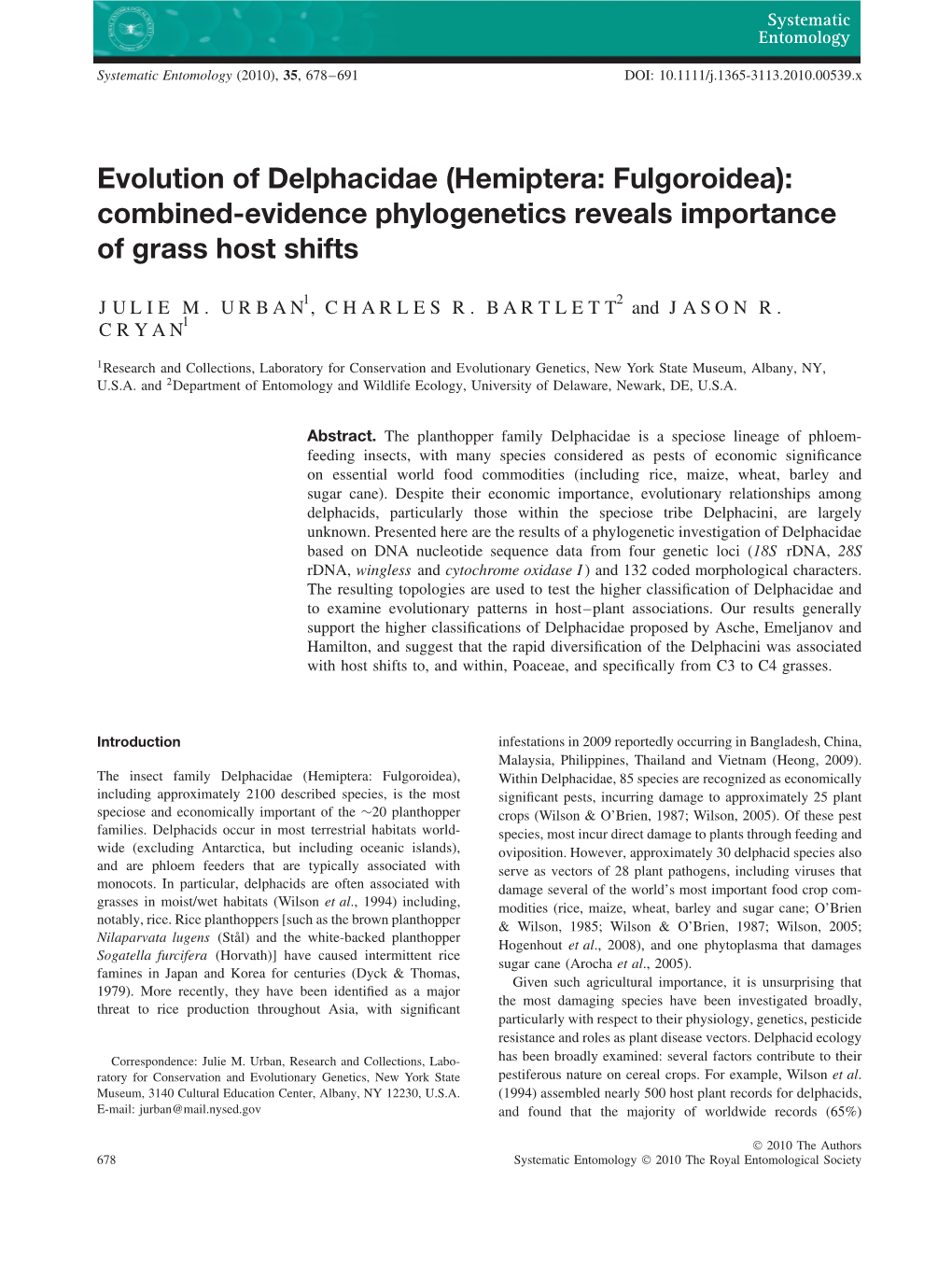 Evolution of Delphacidae (Hemiptera: Fulgoroidea): Combined-Evidence Phylogenetics Reveals Importance of Grass Host Shifts