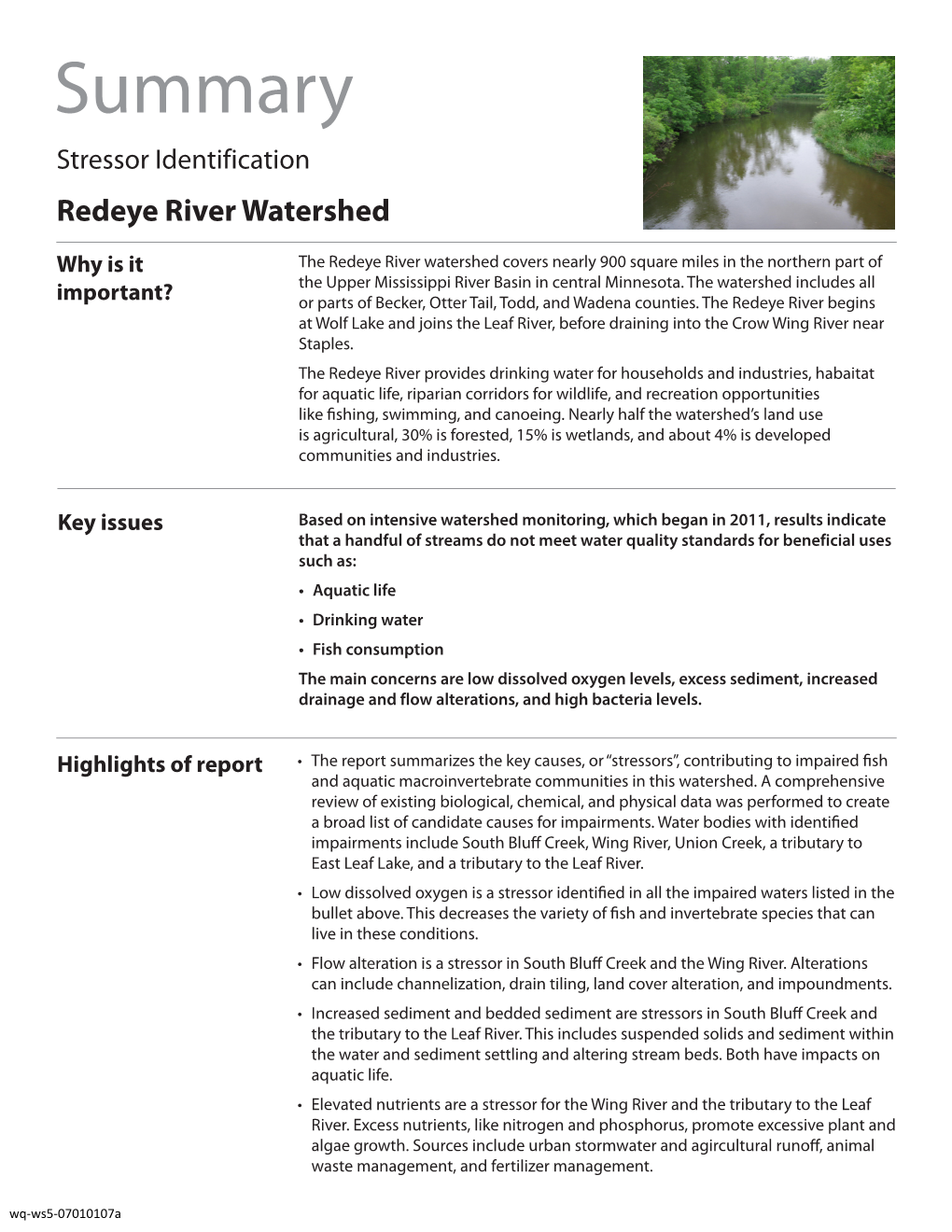 Summary Stressor Identification Redeye River Watershed