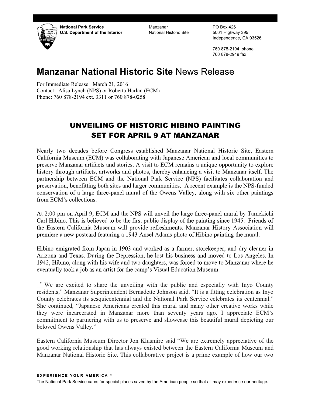 Manzanar National Historic Site News Release