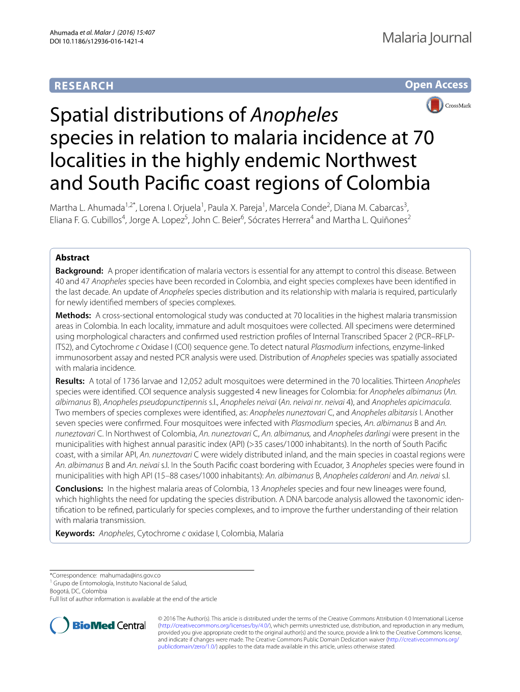 Spatial Distributions of Anopheles Species in Relation to Malaria