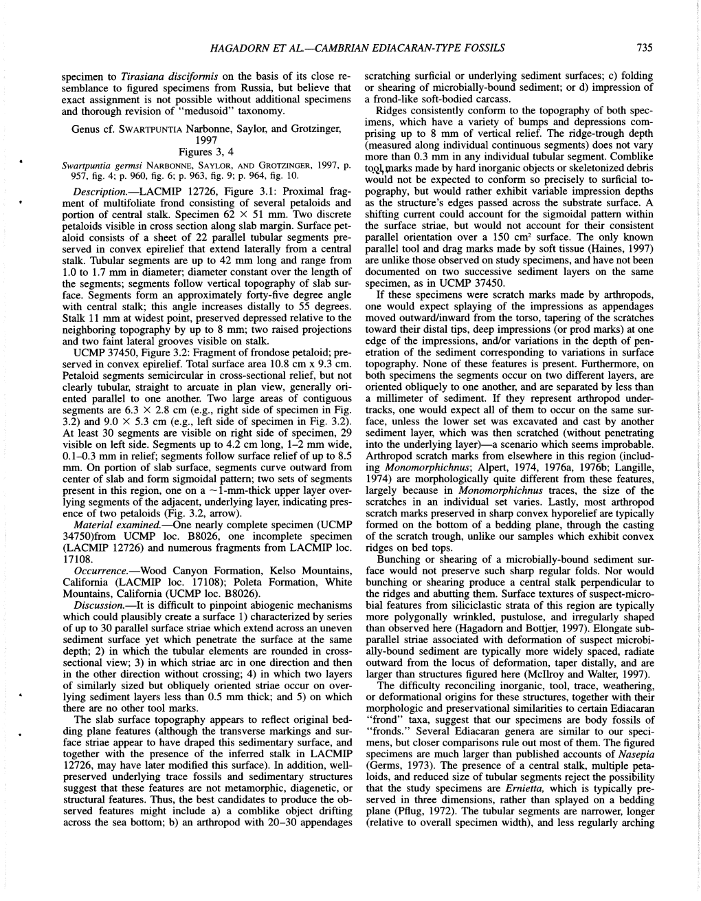 CAMBRIAN EDIACARAN-TYPE FOSSILS 735 Specimen to Tirasiana Disciformis on the Basis of Its Close Re