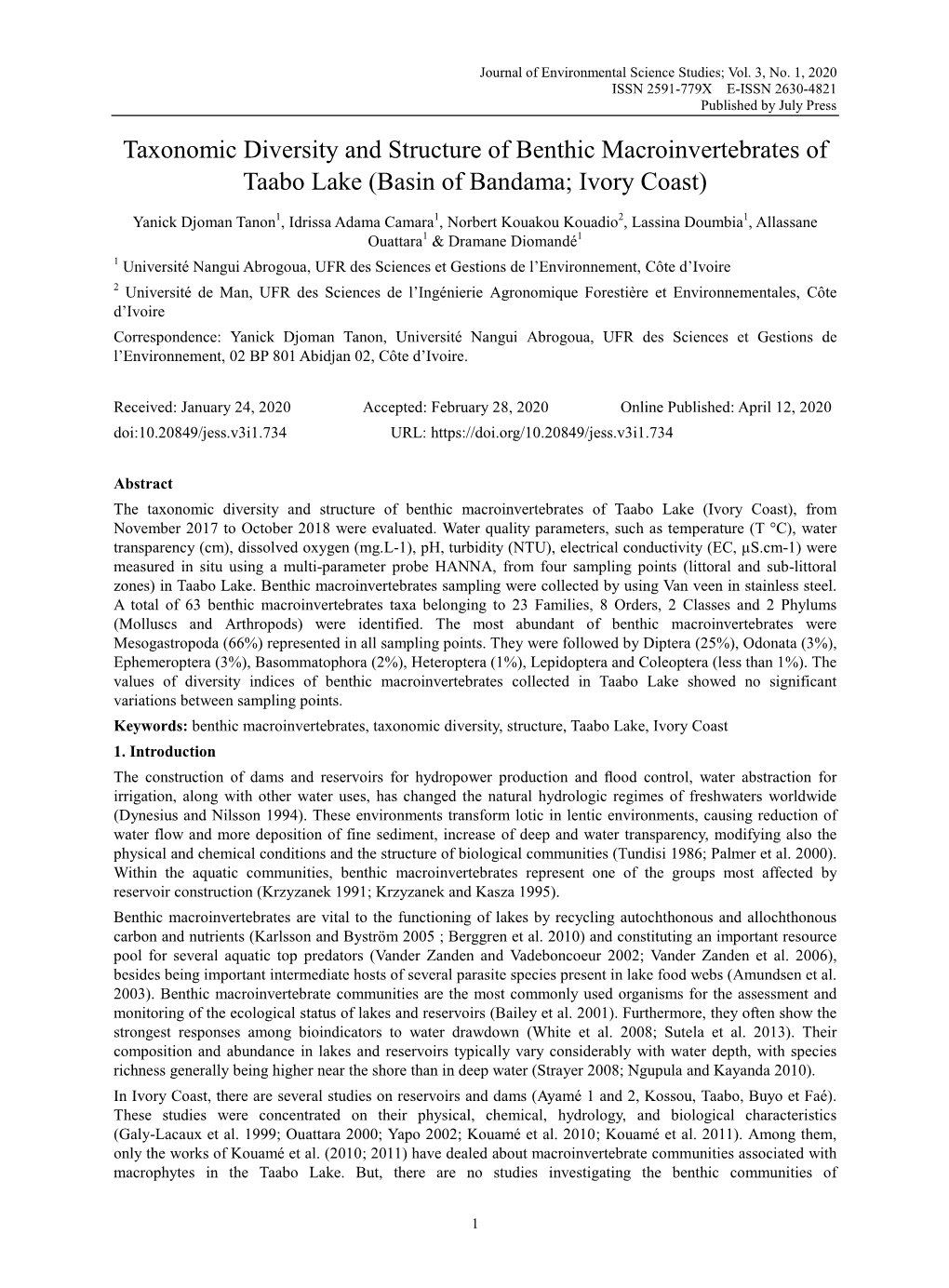 Taxonomic Diversity and Structure of Benthic Macroinvertebrates of Taabo Lake (Basin of Bandama; Ivory Coast)