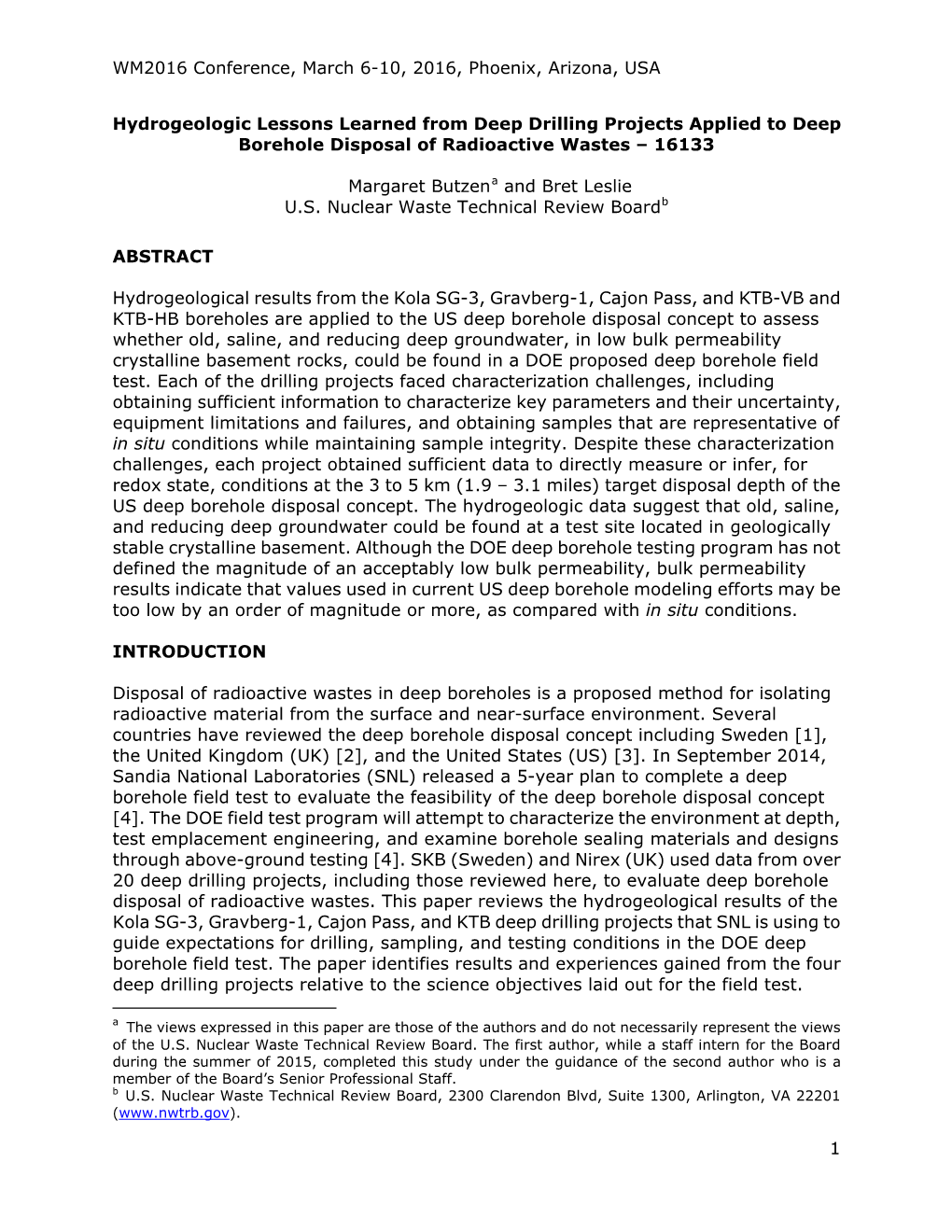 Hydrogeologic Lessons Learned from Deep Drilling Projects Applied to Deep Borehole Disposal of Radioactive Wastes – 16133