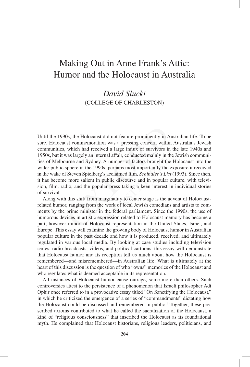 Humor and the Holocaust in Australia