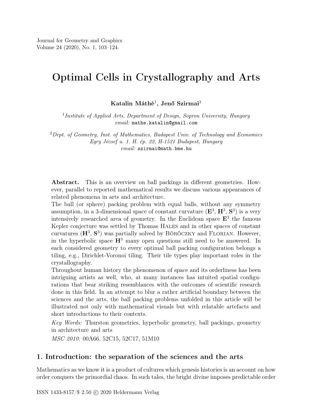 Optimal Cells in Crystallography and Arts