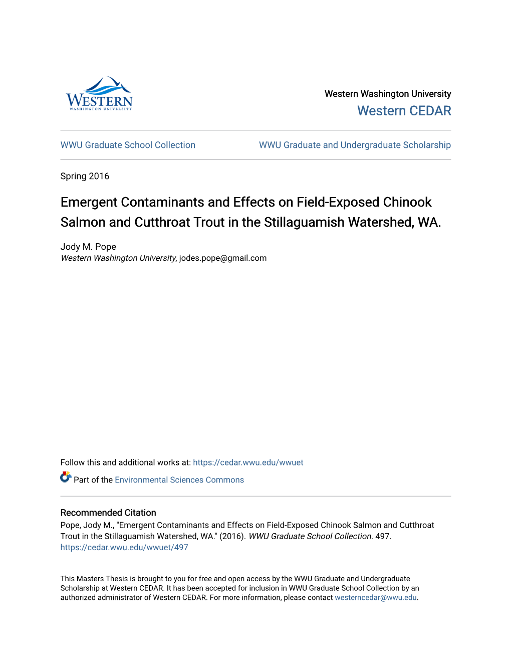 Emergent Contaminants and Effects on Field-Exposed Chinook Salmon and Cutthroat Trout in the Stillaguamish Watershed, WA