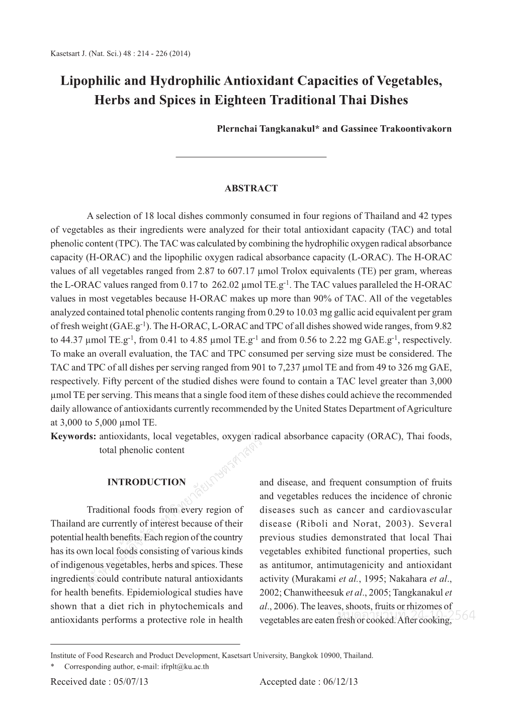 Lipophilic and Hydrophilic Antioxidant Capacities of Vegetables, Herbs and Spices in Eighteen Traditional Thai Dishes