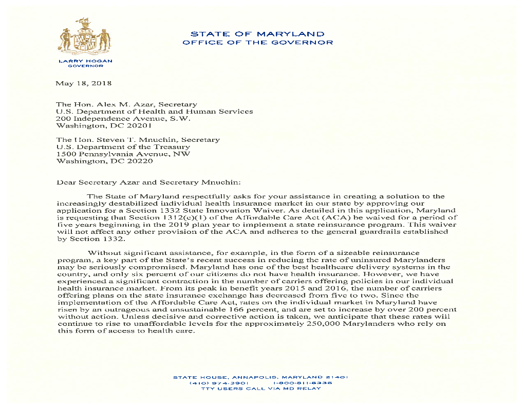 Maryland 1332 State Innovation Waiver Application to Establish a State Reinsurance Program