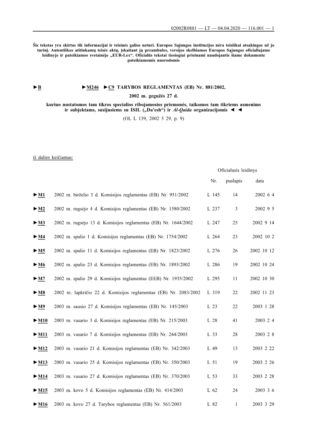 B M246 C9 TARYBOS REGLAMENTAS (EB) Nr