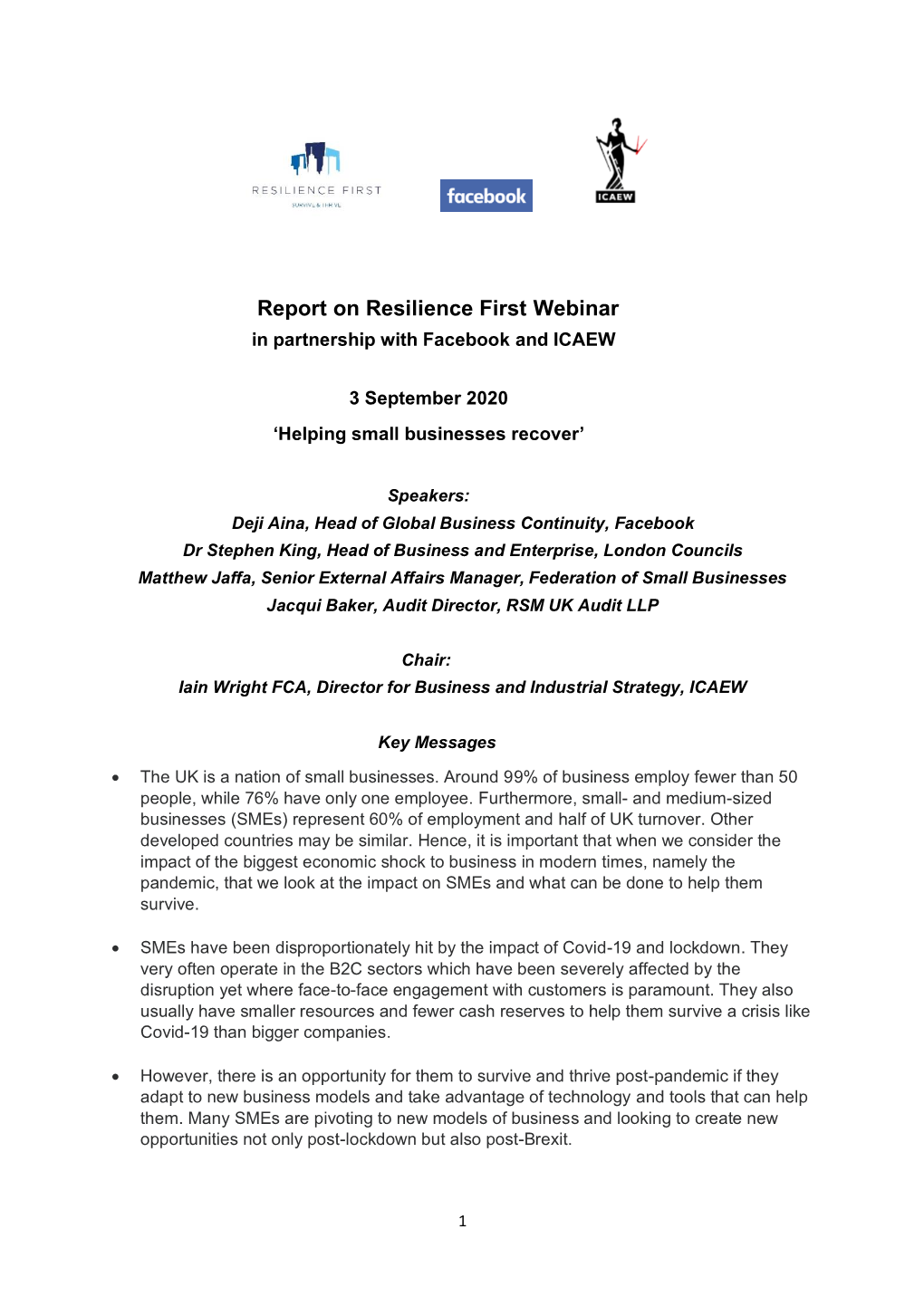 Report on Resilience First Webinar in Partnership with Facebook and ICAEW