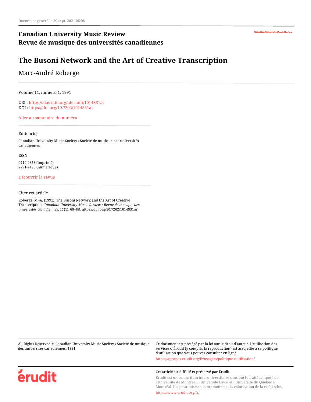 The Busoni Network and the Art of Creative Transcription Marc-André Roberge