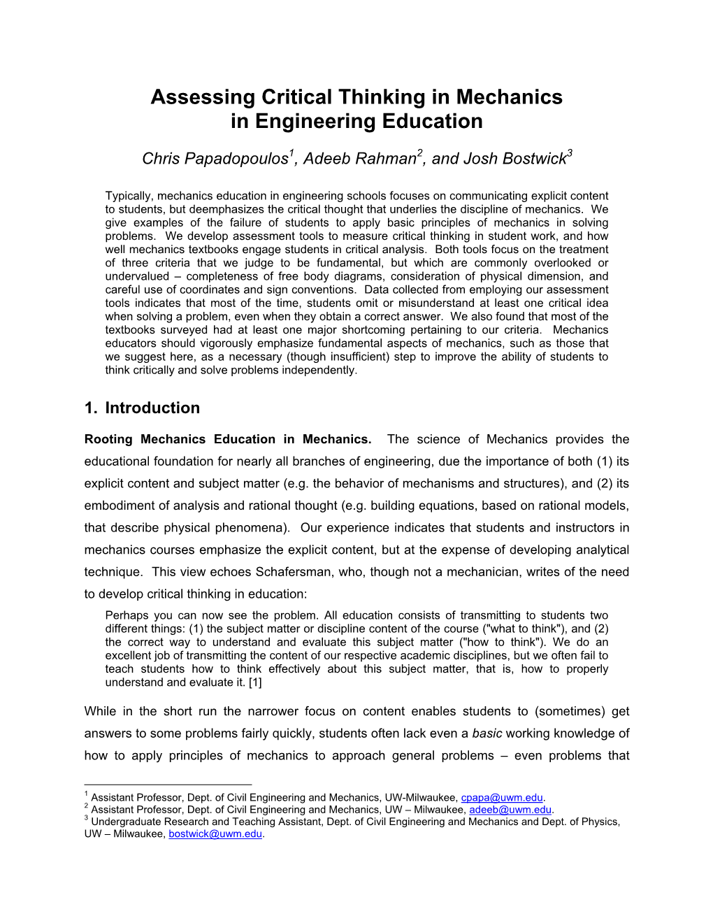 Assessing Critical Thinking in Mechanics in Engineering Education