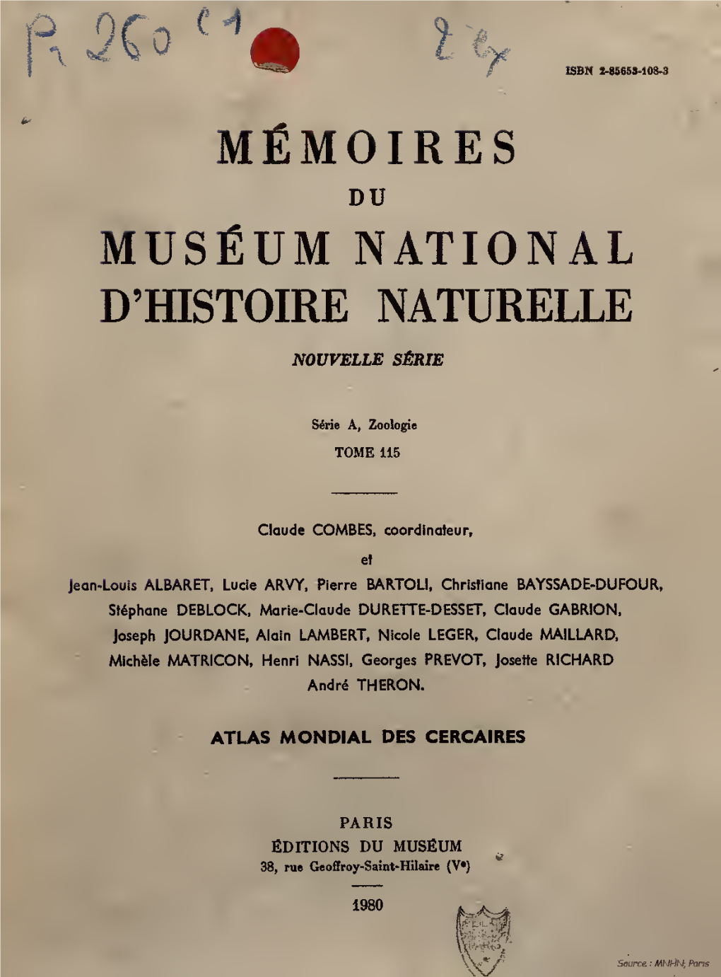 Mémoires Du Muséum National D'histoire Naturelle Série a Zoologie
