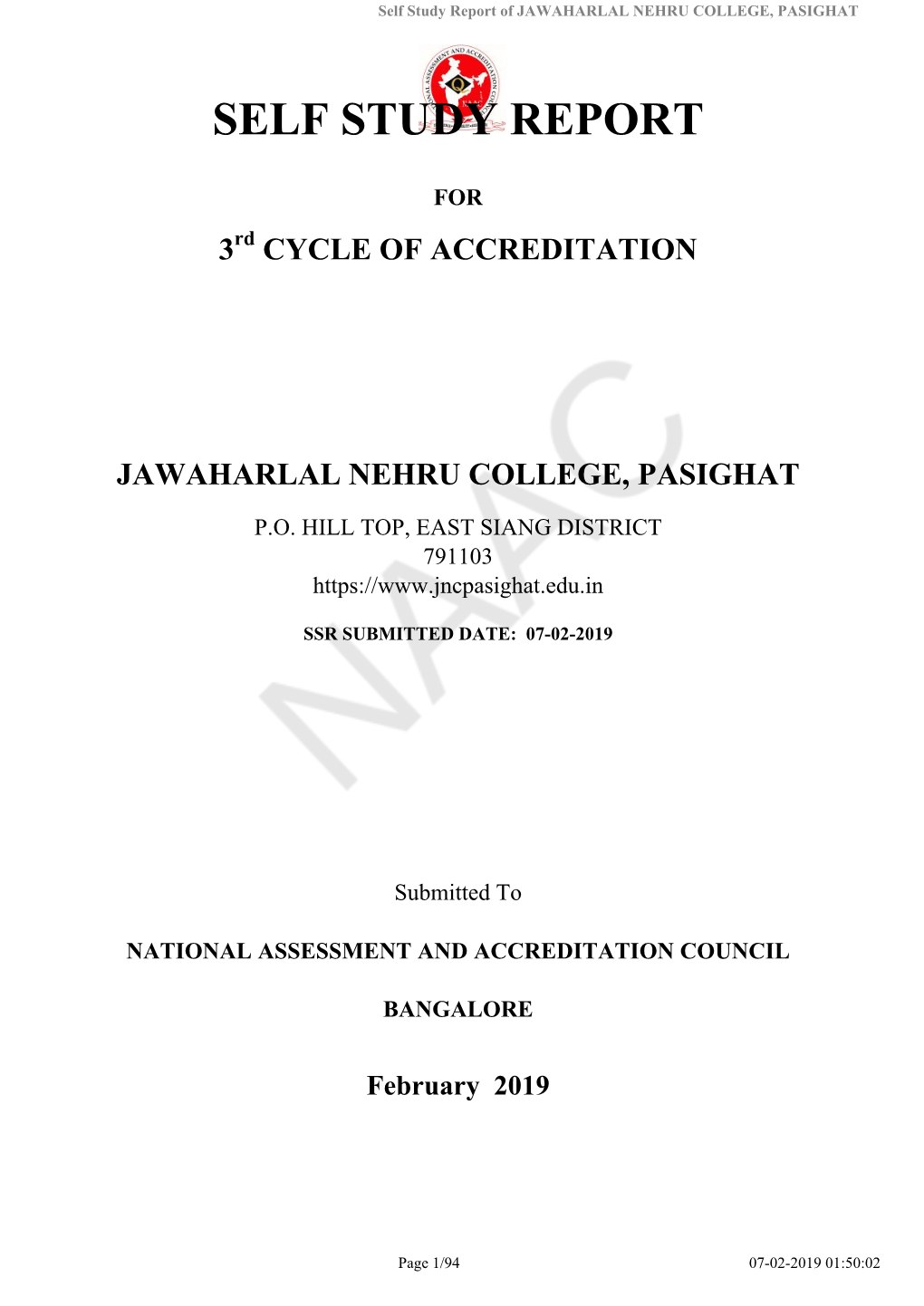 Self Study Report of JAWAHARLAL NEHRU COLLEGE, PASIGHAT