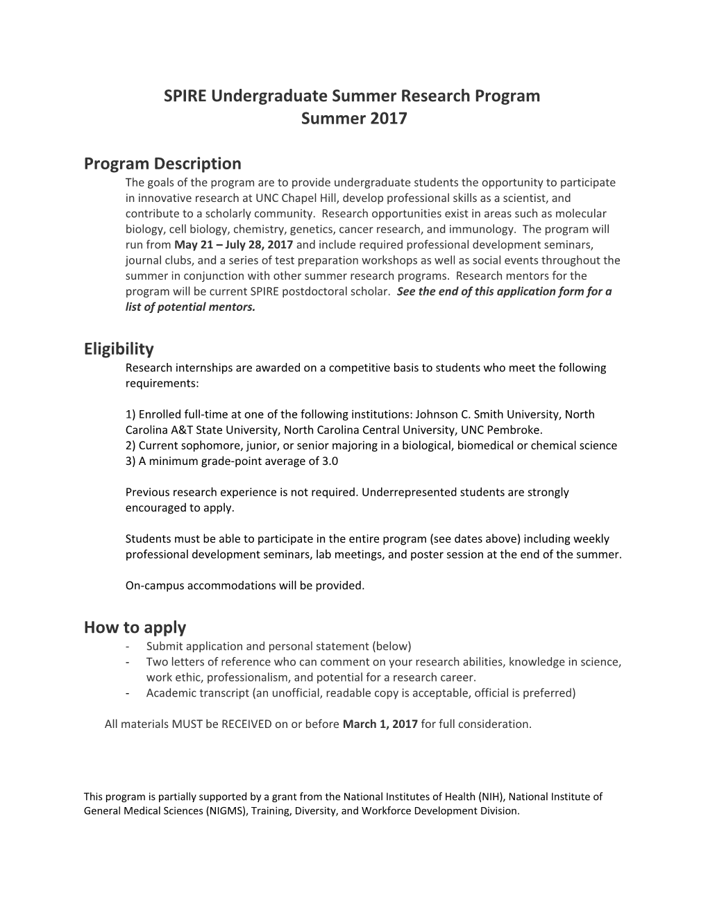 SPIRE Undergraduate Summer Research Program