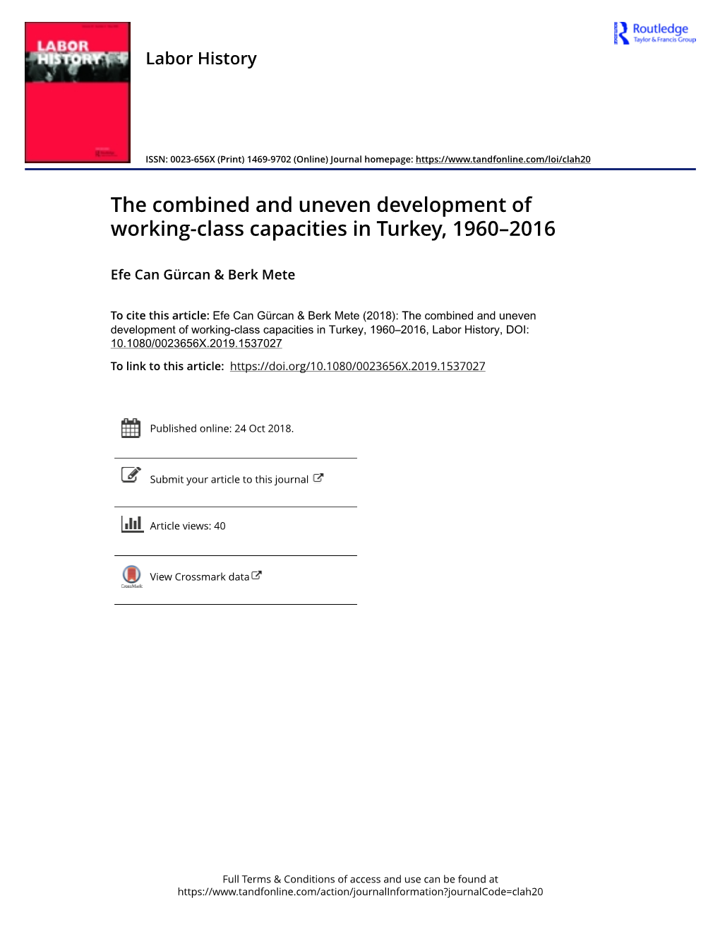 The Combined and Uneven Development of Working-Class Capacities in Turkey, 1960–2016