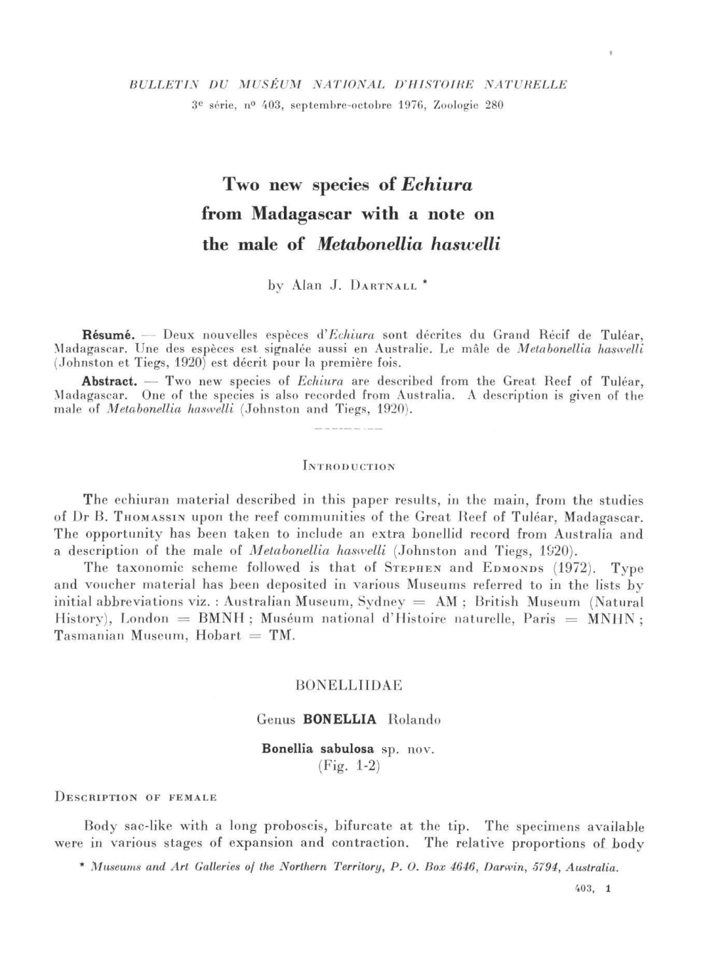 Two New Species of Echiura from Madagascar with a Note on the Male of Metabonellia Haswelli