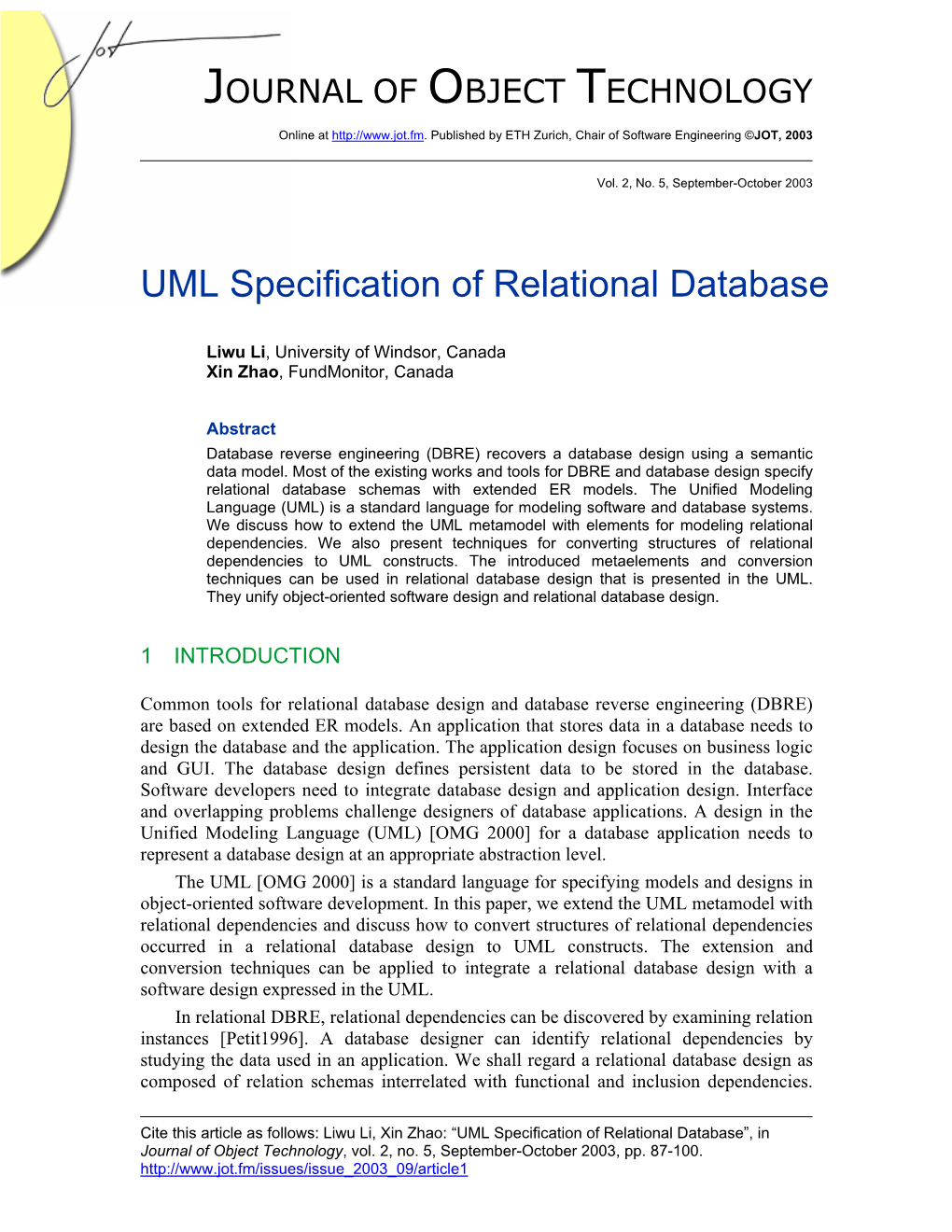 UML Specification of Relational Database