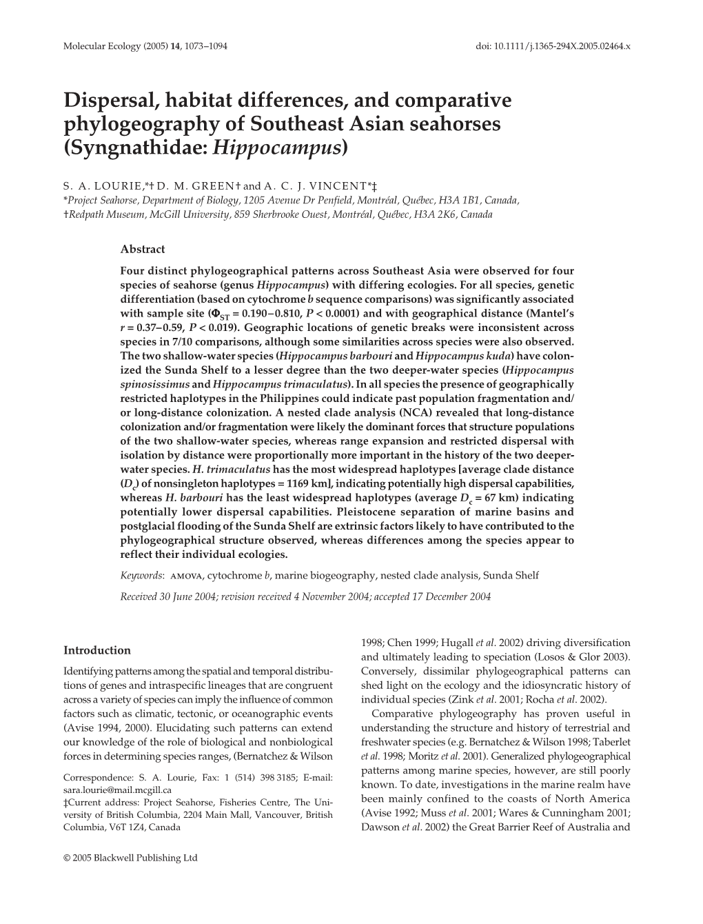 Dispersal, Habitat Differences, and Comparative Phylogeography Of