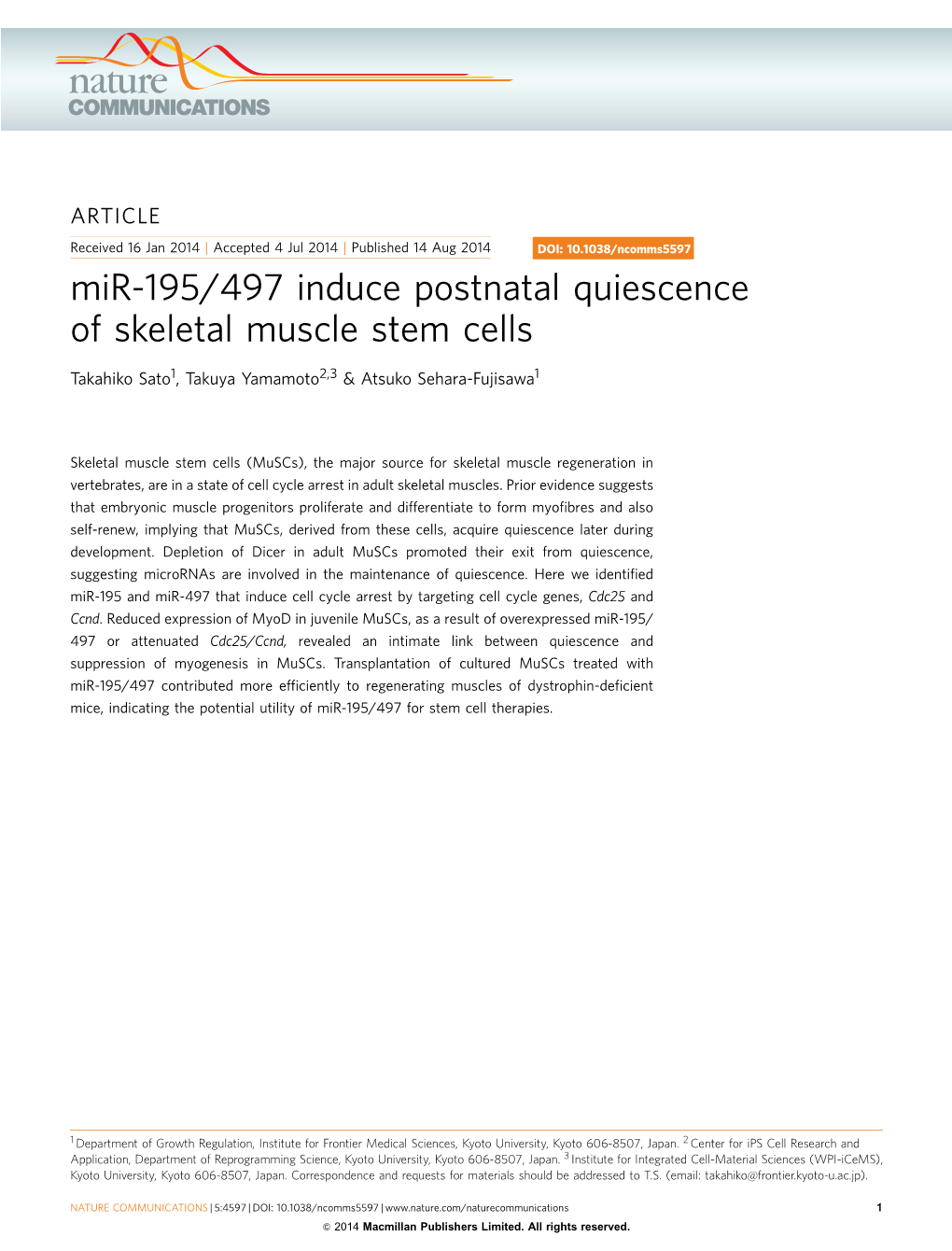 Mir-195/497 Induce Postnatal Quiescence of Skeletal Muscle Stem Cells